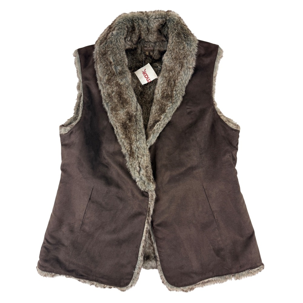 Crosby Faux Suede Vest Womens Large Brown Faux Fur Lined Open Front Pocketed